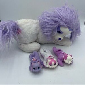 Puppy Surprise Plush 13" Purple Hair Just Play 2014 White Mommy Dog 3 Puppies